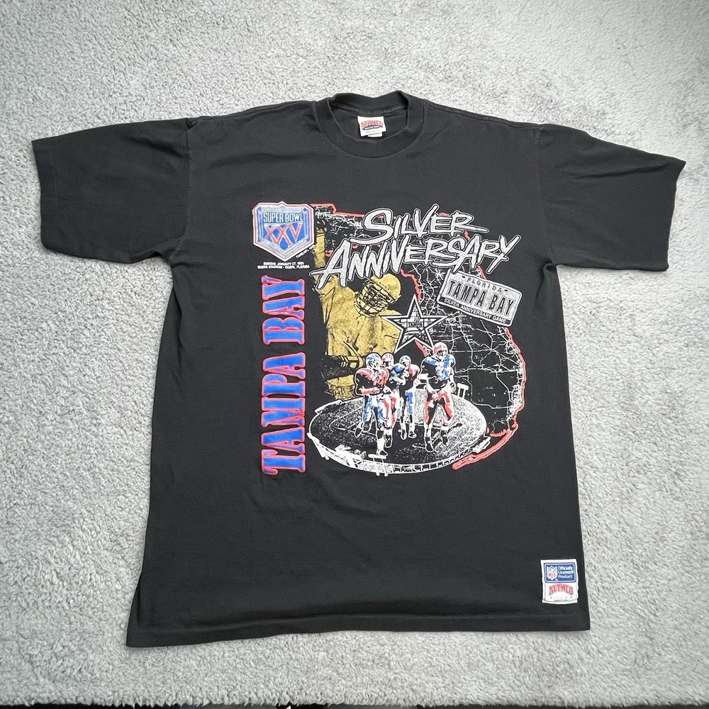 Vtg Nutmeg Mens XL Black Shirt NFL Super‎ Bowl XXV Silver Anniv. Single Stitch